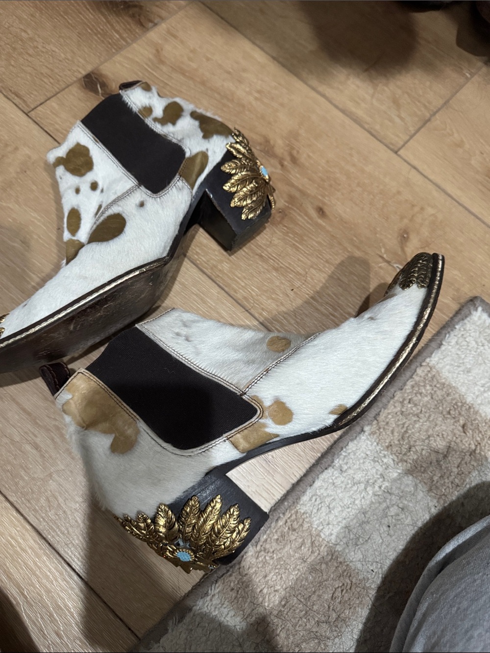 Gold-Embellished Cowhide Ankle Booties with Tribal Medallion vintage *price firm - Picture 7 of 7